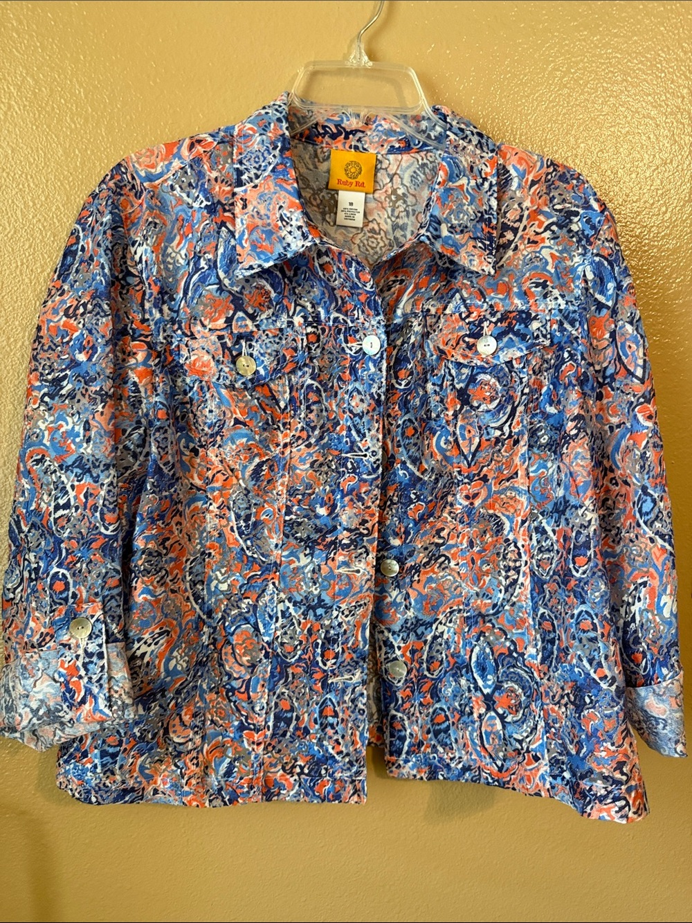 Ruby Rd. Blue and Coral Paisley Button-Front Jean Jacket